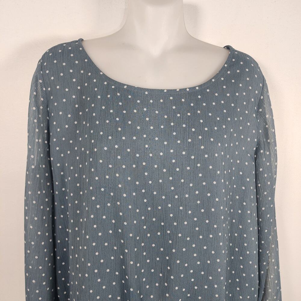 Loft Women Blouse Polka Dot Small Smocked Hem Cuff Long Sheer Sleeve Light Green - Picture 3 of 9